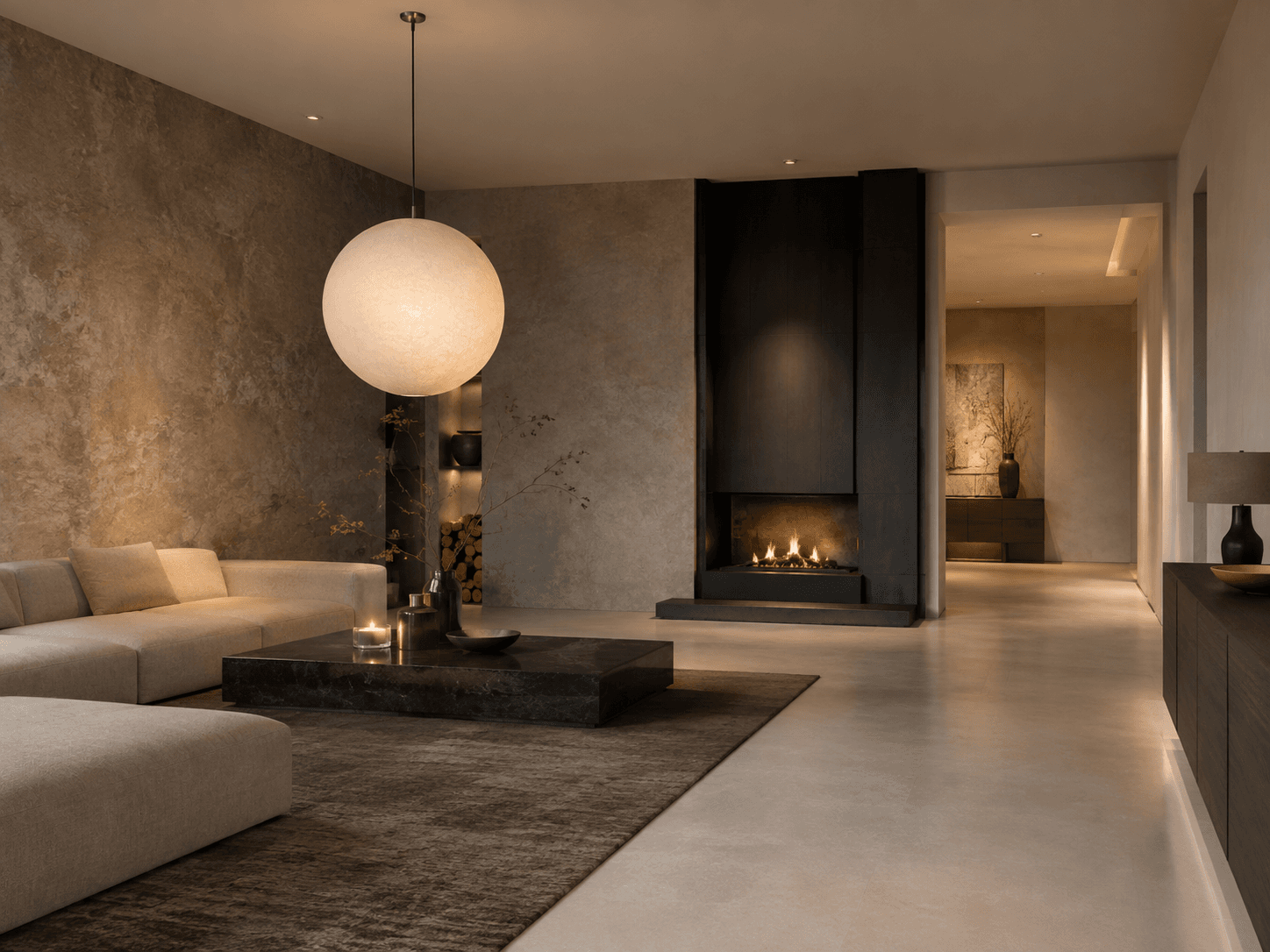 Warm minimalistisch interieur met gietvloer en decoratieve wandafwerking