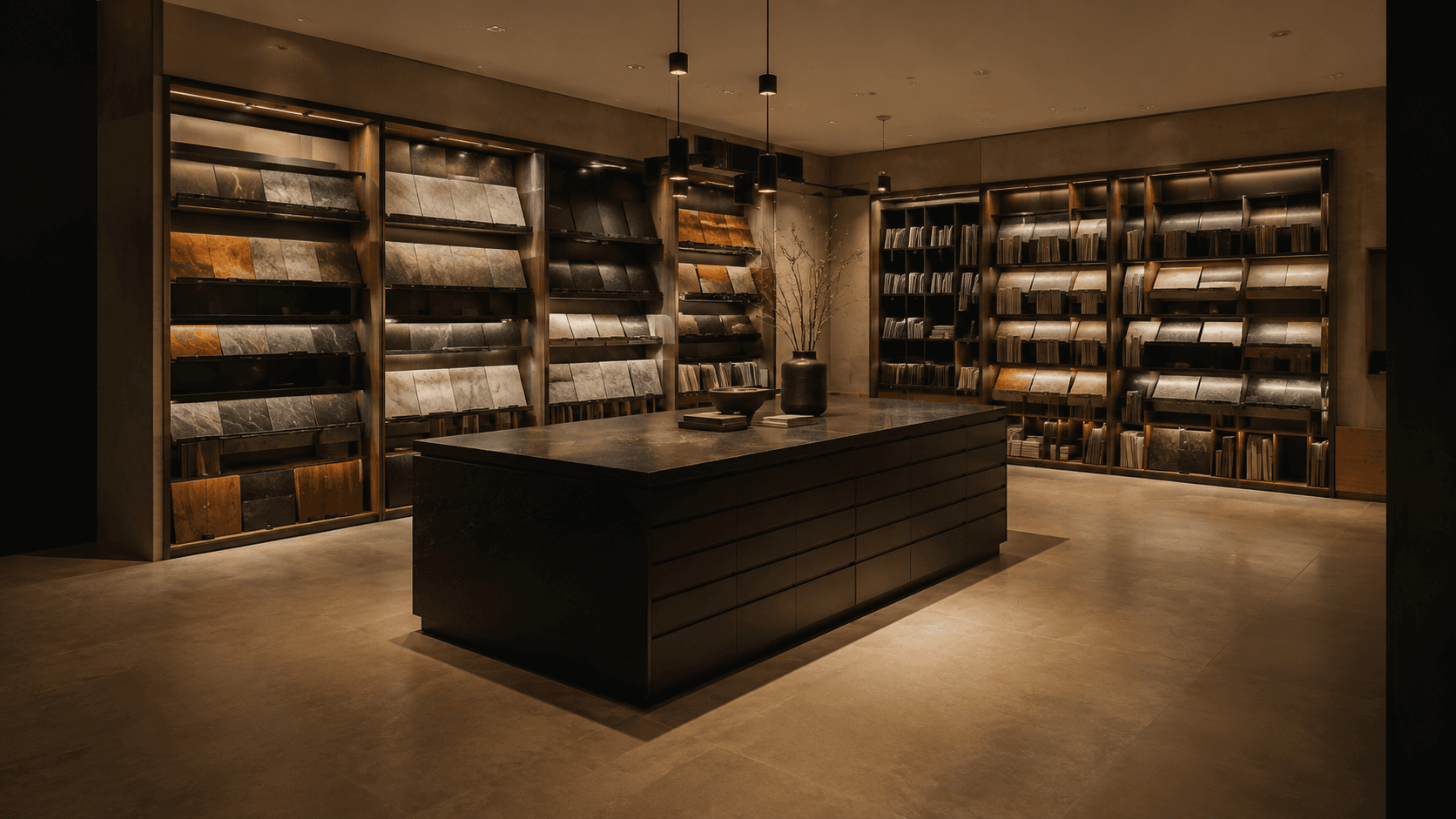 Donkere Decostudio showroom met een bibliotheek van materiaalstalen